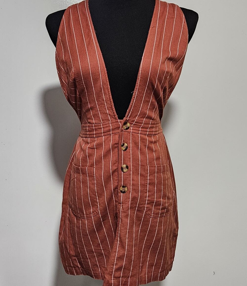 Linen Cotton Blend Womens Medium Pinafore Overall Dress Cottagecore Boho 70s